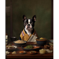 A Boston Terrier wearing a traditional robe sits upright at a wooden dining table. The table is filled with gourmet dishes, including rice, vegetables, soup, and various small side dishes. The background has a muted, vintage-style green tone, giving the scene a classic and elegant atmosphere. The dog gazes directly at the viewer with a dignified expression.