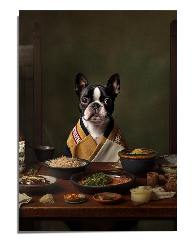 A Boston Terrier wearing a traditional robe sits upright at a wooden dining table. The table is filled with gourmet dishes, including rice, vegetables, soup, and various small side dishes. The background has a muted, vintage-style green tone, giving the scene a classic and elegant atmosphere. The dog gazes directly at the viewer with a dignified expression.