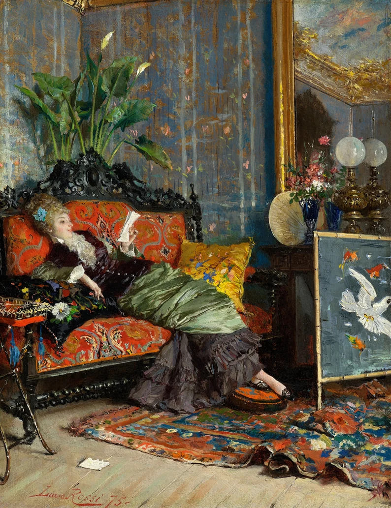 A painting of a Victorian-era woman reclining on an ornately decorated red and black sofa while reading a letter. She is dressed in a dark and green gown with lace details, her hair adorned with a floral accessory. The room is filled with luxurious furnishings, including a golden mirror, an intricately designed rug, a wooden side table with porcelain lamps, and a decorative screen featuring a painted white dove. Large green plants sit in the background, enhancing the richness of the interior setting.