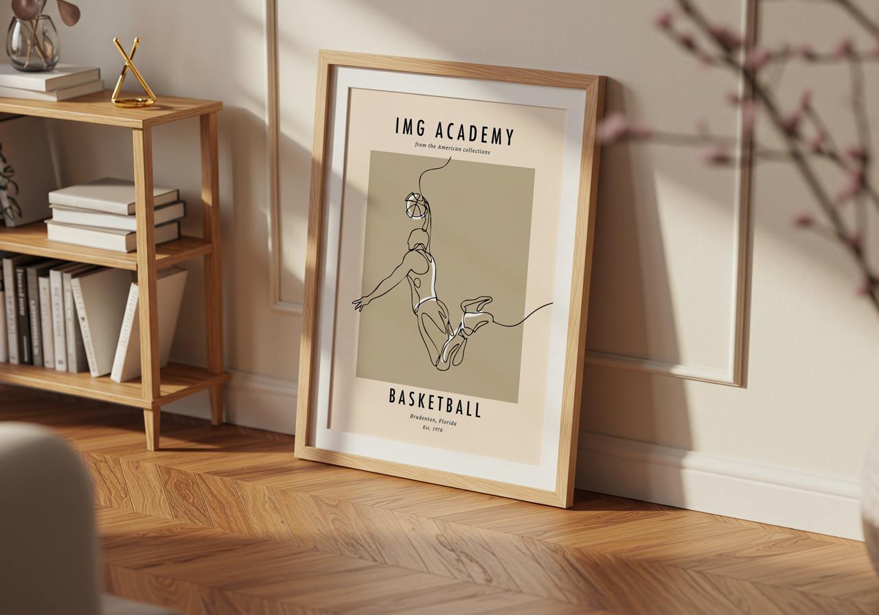 Framed poster of a basketball player on a wooden floor with a shelf in the background