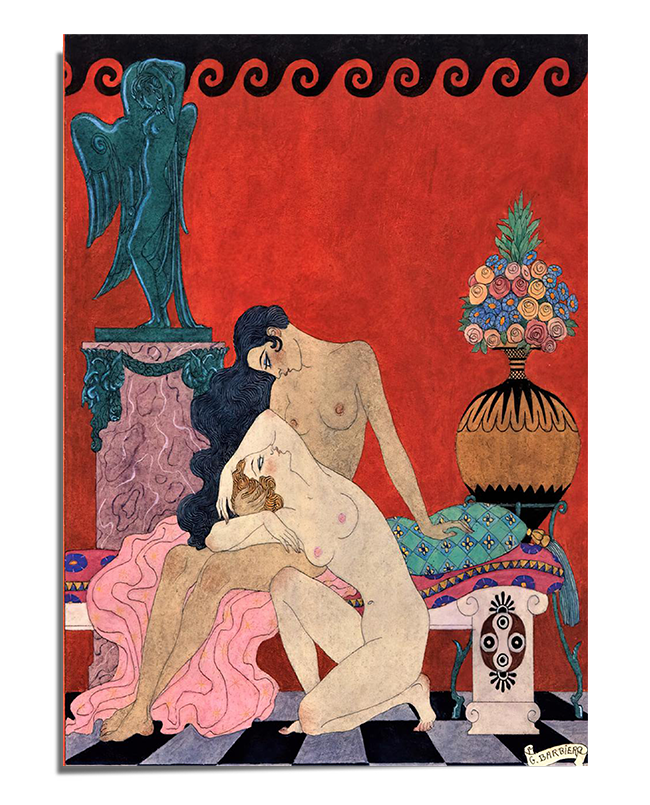 An intimate and sensual illustration of two nude figures sitting together in an embrace. One figure with dark hair leans forward, while the other with light hair rests against them. The background is deep red, featuring a classical-style statue in teal, a decorated vase, and ornamental patterns inspired by ancient Greek art. The scene is enriched with draped fabrics