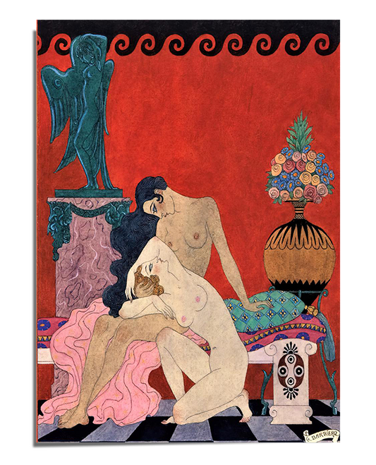 An intimate and sensual illustration of two nude figures sitting together in an embrace. One figure with dark hair leans forward, while the other with light hair rests against them. The background is deep red, featuring a classical-style statue in teal, a decorated vase, and ornamental patterns inspired by ancient Greek art. The scene is enriched with draped fabrics