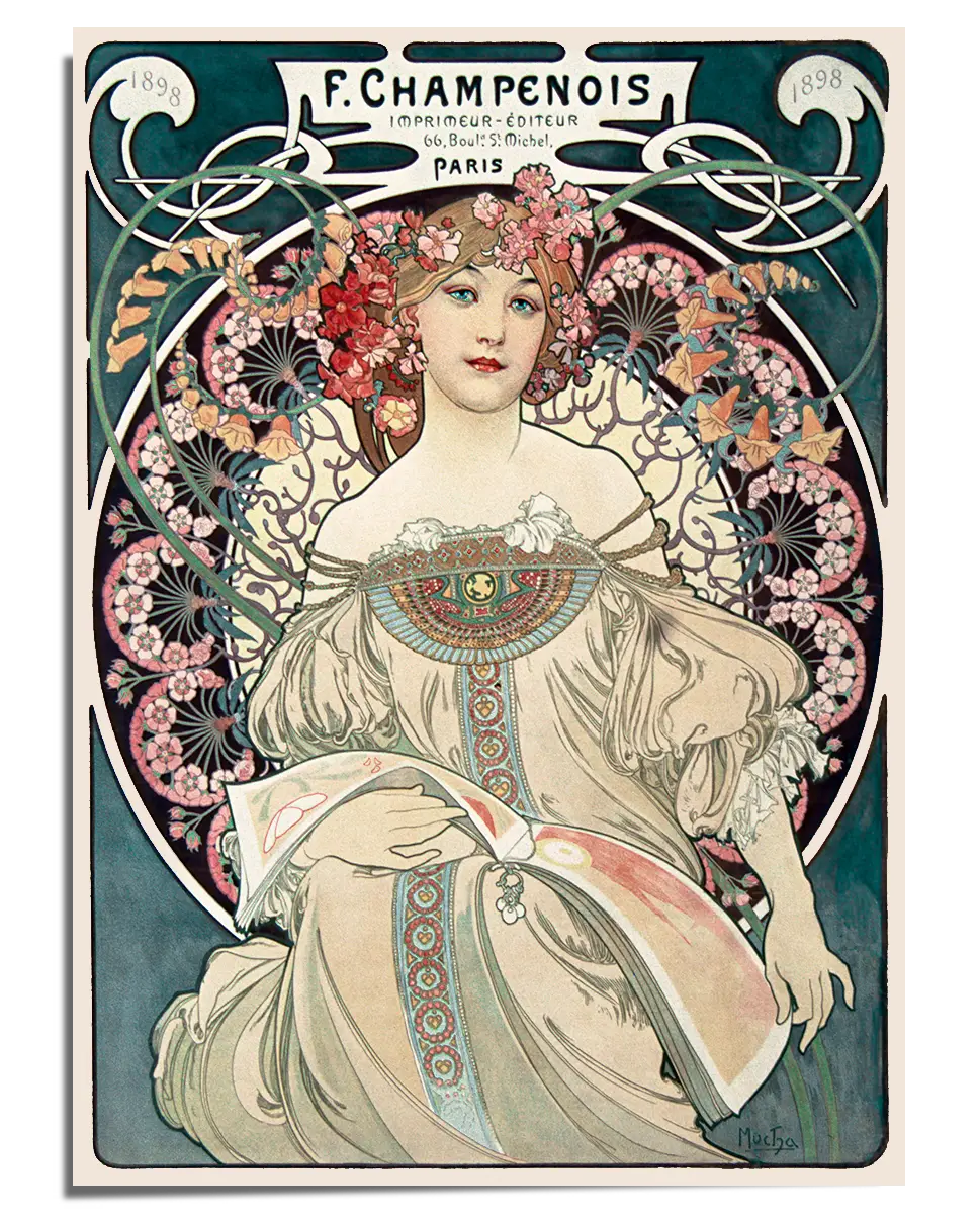 A vintage Art Nouveau poster featuring a woman with delicate facial features, flowing light-colored garments, and a floral crown made of red and pink blossoms. She holds an open book while surrounded by intricate circular and floral patterns in pastel shades of green, blue, and pink. The typography at the top reads "F. Champenois, Imprimeur-Éditeur, Paris," framed by swirling botanical designs. The composition exudes elegance and artistic sophistication, characteristic of Mucha’s style.