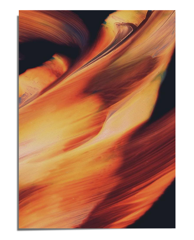 A close-up of an abstract painting featuring sweeping brushstrokes in fiery orange, deep gold, and black, creating a fluid and dynamic composition that conveys movement and intensity.