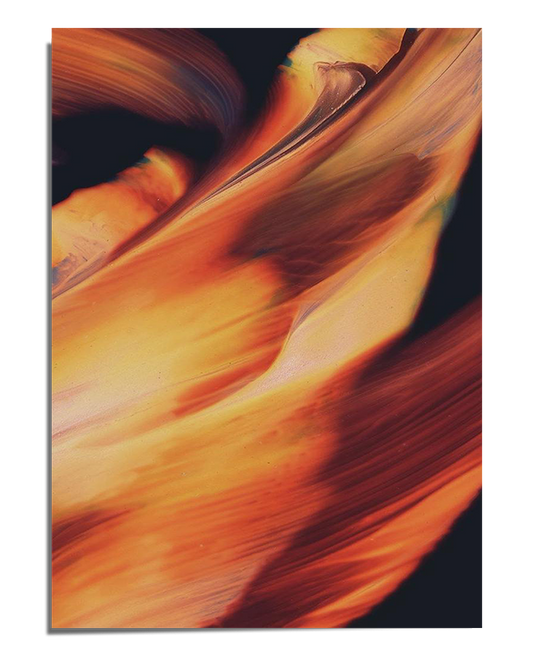 A close-up of an abstract painting featuring sweeping brushstrokes in fiery orange, deep gold, and black, creating a fluid and dynamic composition that conveys movement and intensity.