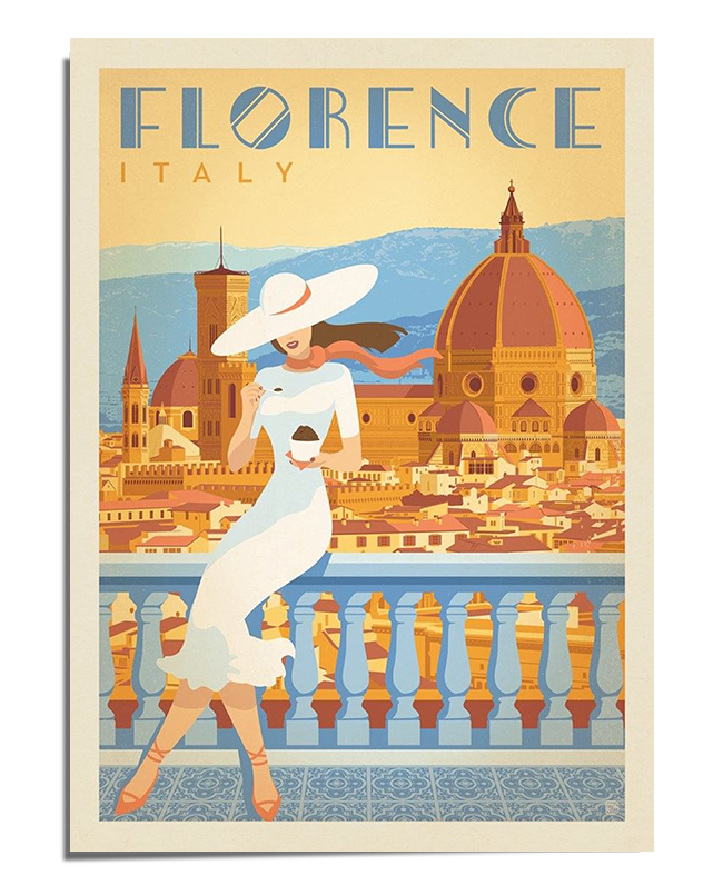 A vintage-style travel poster featuring a woman in a flowing white dress and hat, enjoying a view of Florence’s historic skyline with the Duomo in the background. The warm colors and bold typography create a nostalgic and elegant design.