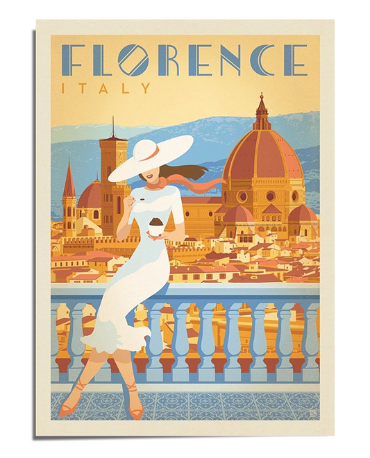 A vintage-style travel poster featuring a woman in a flowing white dress and hat, enjoying a view of Florence’s historic skyline with the Duomo in the background. The warm colors and bold typography create a nostalgic and elegant design.

