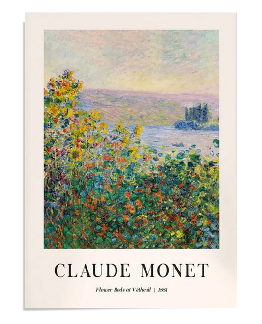 An Impressionist painting by Claude Monet depicting vibrant flower beds filled with colors, set against the backdrop of a tranquil river and distant trees. The painting showcases Monet’s fluid brushwork and vibrant color palette, capturing the essence of a peaceful garden scene. Ideal for those who appreciate nature-inspired art and Impressionist masterpieces.