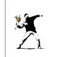 A graffiti-style street art print featuring a black-and-white masked protester in a throwing stance, holding a bouquet of colorful flowers instead of a weapon. The artwork symbolizes peace, resistance, and hope.

