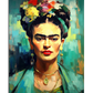 A colorful abstract portrait of Frida Kahlo, featuring her intense gaze, strong eyebrows, and signature floral headpiece. The artwork is painted in a bold, expressionist style, with vivid greens, blues, and warm golden tones blending together in textured brushstrokes. Frida wears ornate earrings and layered necklaces, enhancing her elegant yet powerful presence. The background consists of painterly strokes of green and blue, creating a vibrant and modern aesthetic.