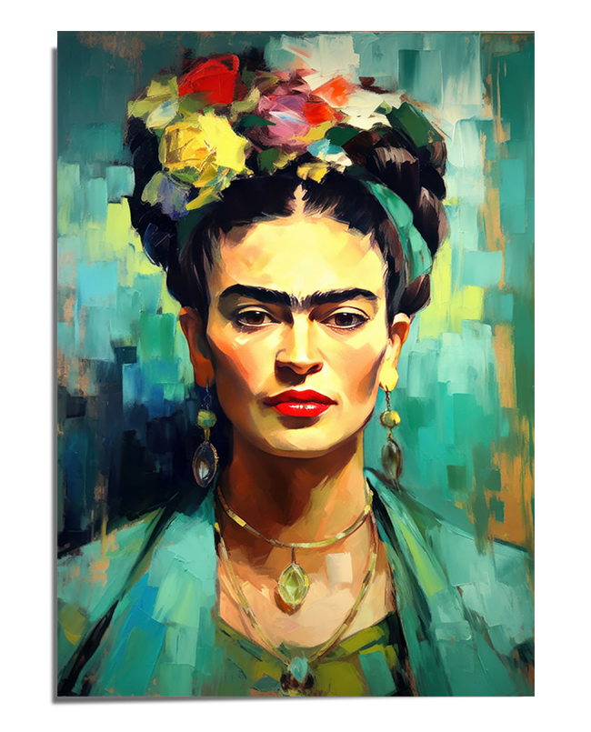 A colorful abstract portrait of Frida Kahlo, featuring her intense gaze, strong eyebrows, and signature floral headpiece. The artwork is painted in a bold, expressionist style, with vivid greens, blues, and warm golden tones blending together in textured brushstrokes. Frida wears ornate earrings and layered necklaces, enhancing her elegant yet powerful presence. The background consists of painterly strokes of green and blue, creating a vibrant and modern aesthetic.