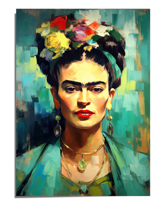 A colorful abstract portrait of Frida Kahlo, featuring her intense gaze, strong eyebrows, and signature floral headpiece. The artwork is painted in a bold, expressionist style, with vivid greens, blues, and warm golden tones blending together in textured brushstrokes. Frida wears ornate earrings and layered necklaces, enhancing her elegant yet powerful presence. The background consists of painterly strokes of green and blue, creating a vibrant and modern aesthetic.