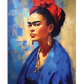 A powerful portrait of Frida Kahlo, dressed in a flowing deep blue shawl, wearing a red headscarf tied with decorative fabric, and large gold earrings. Her sharp, intense gaze is directed forward, highlighting her strong facial features and bold eyebrows. The background consists of expressive blue and yellow brushstrokes, creating a textured, painterly effect that enhances the dramatic and artistic composition. Light and shadow play across her face, adding depth and emotion to the portrait.