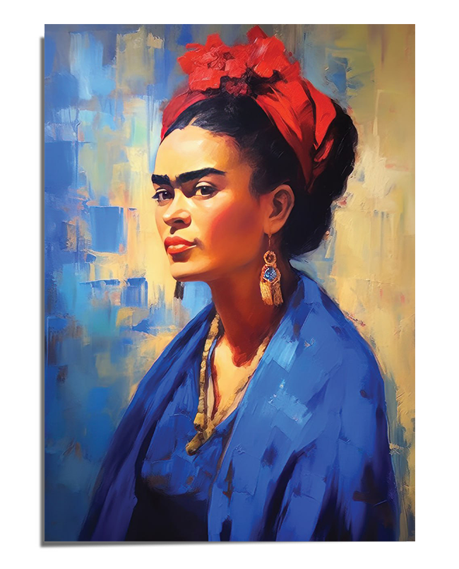 A powerful portrait of Frida Kahlo, dressed in a flowing deep blue shawl, wearing a red headscarf tied with decorative fabric, and large gold earrings. Her sharp, intense gaze is directed forward, highlighting her strong facial features and bold eyebrows. The background consists of expressive blue and yellow brushstrokes, creating a textured, painterly effect that enhances the dramatic and artistic composition. Light and shadow play across her face, adding depth and emotion to the portrait.