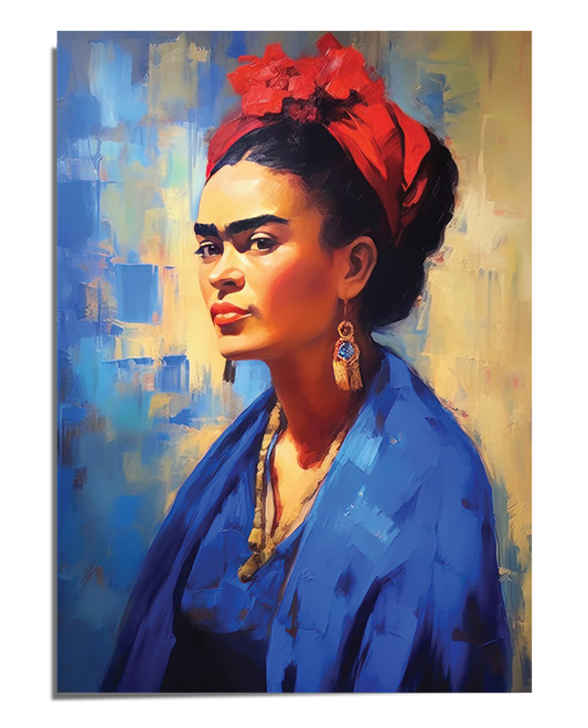 A powerful portrait of Frida Kahlo, dressed in a flowing deep blue shawl, wearing a red headscarf tied with decorative fabric, and large gold earrings. Her sharp, intense gaze is directed forward, highlighting her strong facial features and bold eyebrows. The background consists of expressive blue and yellow brushstrokes, creating a textured, painterly effect that enhances the dramatic and artistic composition. Light and shadow play across her face, adding depth and emotion to the portrait.