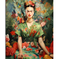 A detailed portrait of Frida Kahlo sitting in a lush tropical jungle, surrounded by flowers, green leaves, birds, and butterflies. She wears a green floral dress, a delicate flower crown, and red lipstick. Her poised expression and elegant pose contrast with the vibrant, nature-filled background.