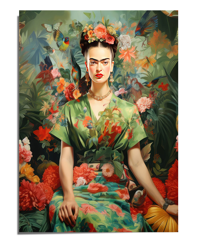 A detailed portrait of Frida Kahlo sitting in a lush tropical jungle, surrounded by flowers, green leaves, birds, and butterflies. She wears a green floral dress, a delicate flower crown, and red lipstick. Her poised expression and elegant pose contrast with the vibrant, nature-filled background.