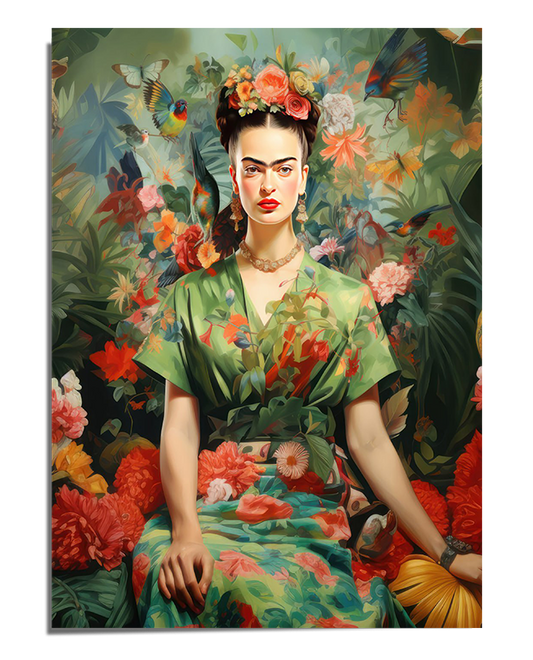 A detailed portrait of Frida Kahlo sitting in a lush tropical jungle, surrounded by flowers, green leaves, birds, and butterflies. She wears a green floral dress, a delicate flower crown, and red lipstick. Her poised expression and elegant pose contrast with the vibrant, nature-filled background.