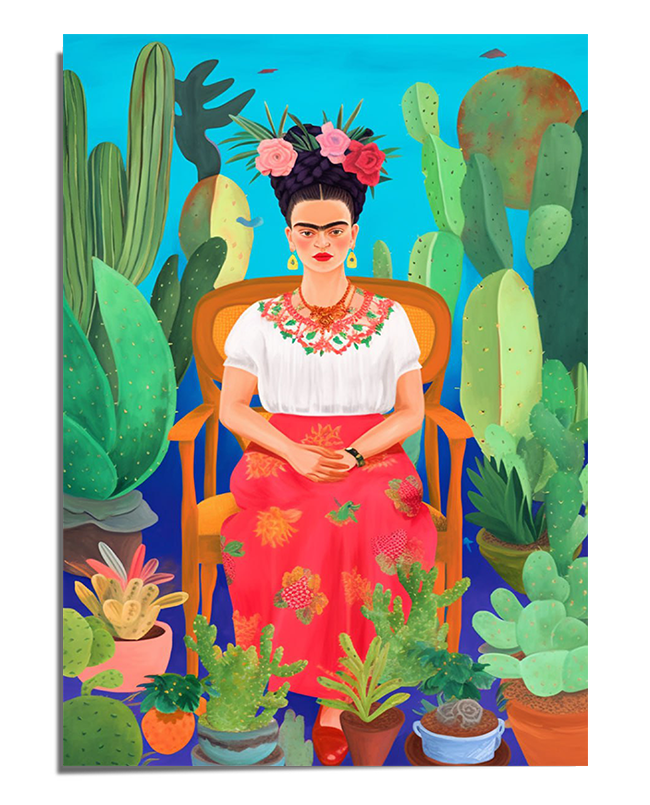 A colorful portrait of Frida Kahlo sitting on a wooden chair, surrounded by lush green cacti and potted succulents. She wears a white embroidered blouse, a red skirt, and a floral crown, against a bright blue background. Her poised expression and detailed attire highlight her elegance and cultural heritage.