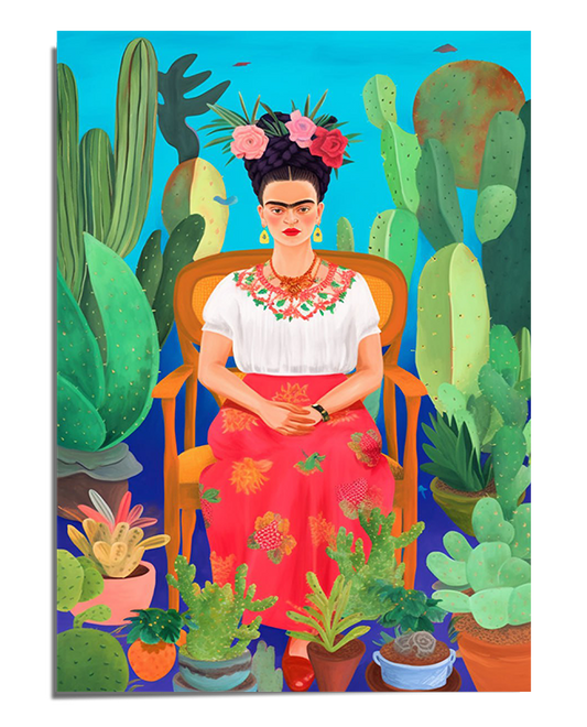 A colorful portrait of Frida Kahlo sitting on a wooden chair, surrounded by lush green cacti and potted succulents. She wears a white embroidered blouse, a red skirt, and a floral crown, against a bright blue background. Her poised expression and detailed attire highlight her elegance and cultural heritage.