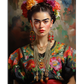 A striking portrait of Frida Kahlo wearing a colorful embroidered blouse, layered necklaces, and a vibrant floral crown. She gazes intensely, framed by a soft painterly background. The rich textures and bold colors highlight her elegant and powerful presence.