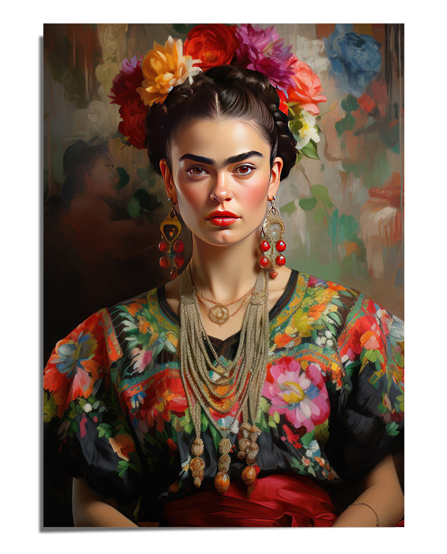 A striking portrait of Frida Kahlo wearing a colorful embroidered blouse, layered necklaces, and a vibrant floral crown. She gazes intensely, framed by a soft painterly background. The rich textures and bold colors highlight her elegant and powerful presence.