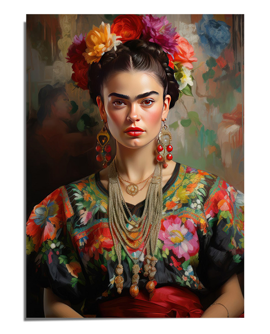 A striking portrait of Frida Kahlo wearing a colorful embroidered blouse, layered necklaces, and a vibrant floral crown. She gazes intensely, framed by a soft painterly background. The rich textures and bold colors highlight her elegant and powerful presence.