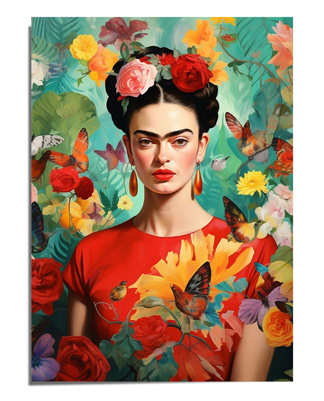 A vivid portrait of Frida Kahlo wearing a red dress, surrounded by colorful flowers, butterflies, and tropical greenery. Her hair is braided and adorned with pink and red roses, and she wears golden earrings. Her bold gaze and red lips contrast with the lush botanical background, while butterflies flutter around her, enhancing the lively and dynamic feel of the composition.