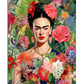 A striking portrait of Frida Kahlo surrounded by a dense array of tropical flowers, including roses, lilies, and exotic blossoms in shades of red, pink, white, and orange. She wears a dark floral-patterned blouse, a gold necklace, and soft pink drop earrings. Her hair is braided and adorned with red flowers, complementing her bold red lips. Her intense gaze is framed by lush green leaves, enhancing the dramatic and vibrant nature of the artwork.

