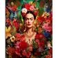 A detailed portrait of Frida Kahlo surrounded by vibrant flowers, green foliage, and exotic birds. She wears a bold floral crown, gold jewelry, and a deep red dress. Her intense gaze and red lips contrast with the lush botanical background, creating a striking and elegant composition.

