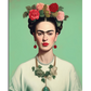 A refined portrait of Frida Kahlo against a muted green background, wearing a white blouse, a pearl necklace, and a floral statement necklace with sculpted roses and a turquoise pendant. Her hair is styled in braids, adorned with a crown of pink and red roses. Her deep gaze and bold red lips contrast with the soft pastel tones, giving the portrait a serene yet powerful presence.