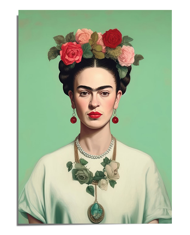 A refined portrait of Frida Kahlo against a muted green background, wearing a white blouse, a pearl necklace, and a floral statement necklace with sculpted roses and a turquoise pendant. Her hair is styled in braids, adorned with a crown of pink and red roses. Her deep gaze and bold red lips contrast with the soft pastel tones, giving the portrait a serene yet powerful presence.