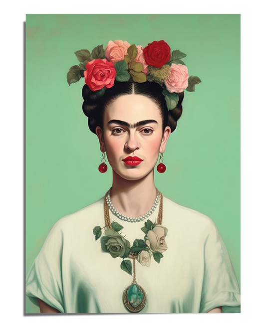 A refined portrait of Frida Kahlo against a muted green background, wearing a white blouse, a pearl necklace, and a floral statement necklace with sculpted roses and a turquoise pendant. Her hair is styled in braids, adorned with a crown of pink and red roses. Her deep gaze and bold red lips contrast with the soft pastel tones, giving the portrait a serene yet powerful presence.