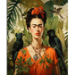 A striking portrait of Frida Kahlo set in a lush jungle, surrounded by green tropical leaves, exotic plants, and two dark-feathered birds perched on her shoulders. She wears a bold orange dress, layered necklaces, and a floral headpiece with orange flowers. Her deep gaze, strong eyebrows, and high cheekbones are accentuated by soft lighting, creating an intense and captivating presence. The background is filled with foliage and small birds, blending seamlessly with the vibrant composition.

