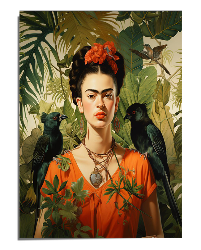 A striking portrait of Frida Kahlo set in a lush jungle, surrounded by green tropical leaves, exotic plants, and two dark-feathered birds perched on her shoulders. She wears a bold orange dress, layered necklaces, and a floral headpiece with orange flowers. Her deep gaze, strong eyebrows, and high cheekbones are accentuated by soft lighting, creating an intense and captivating presence. The background is filled with foliage and small birds, blending seamlessly with the vibrant composition.

