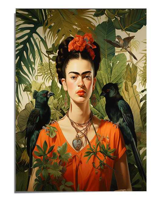 A striking portrait of Frida Kahlo set in a lush jungle, surrounded by green tropical leaves, exotic plants, and two dark-feathered birds perched on her shoulders. She wears a bold orange dress, layered necklaces, and a floral headpiece with orange flowers. Her deep gaze, strong eyebrows, and high cheekbones are accentuated by soft lighting, creating an intense and captivating presence. The background is filled with foliage and small birds, blending seamlessly with the vibrant composition.

