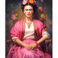 A peaceful portrait of Frida Kahlo seated on an ornate wooden chair with carved armrests, wearing a flowing pink skirt, a soft pink shawl draped over her shoulders, and a white blouse. Her dark hair is braided and adorned with a floral crown of pink, orange, and yellow flowers. Her eyes are gently closed, and her hands rest gracefully in her lap, radiating calmness and inner strength. The background is a soft, misty blend of muted colors with delicate floating roses