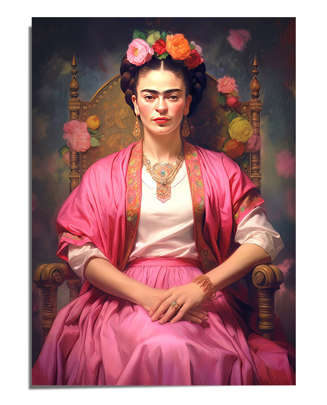 A peaceful portrait of Frida Kahlo seated on an ornate wooden chair with carved armrests, wearing a flowing pink skirt, a soft pink shawl draped over her shoulders, and a white blouse. Her dark hair is braided and adorned with a floral crown of pink, orange, and yellow flowers. Her eyes are gently closed, and her hands rest gracefully in her lap, radiating calmness and inner strength. The background is a soft, misty blend of muted colors with delicate floating roses