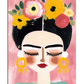 A minimalist and stylized portrait of Frida Kahlo with her eyes closed, long dark lashes, bold eyebrows, and red lips. She wears large yellow earrings and a floral headpiece with bright yellow, pink, and red flowers. The soft pink background enhances the delicate and modern aesthetic of the artwork.