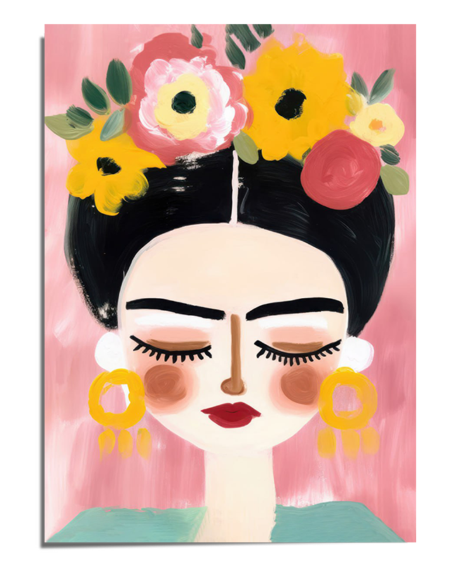 A minimalist and stylized portrait of Frida Kahlo with her eyes closed, long dark lashes, bold eyebrows, and red lips. She wears large yellow earrings and a floral headpiece with bright yellow, pink, and red flowers. The soft pink background enhances the delicate and modern aesthetic of the artwork.