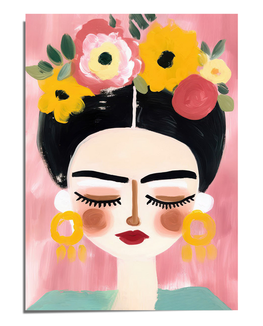 A minimalist and stylized portrait of Frida Kahlo with her eyes closed, long dark lashes, bold eyebrows, and red lips. She wears large yellow earrings and a floral headpiece with bright yellow, pink, and red flowers. The soft pink background enhances the delicate and modern aesthetic of the artwork.