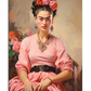 A refined portrait of Frida Kahlo wearing a soft pink gown with a dark waist belt, statement jewelry, and a floral crown in shades of pink and coral. She sits gracefully with her hands resting on her lap, gazing intently. The warm-toned background features delicate roses, complementing the elegant and classic aesthetic.