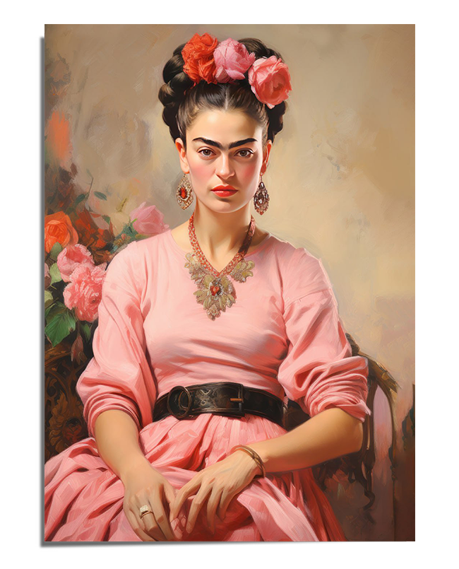 A refined portrait of Frida Kahlo wearing a soft pink gown with a dark waist belt, statement jewelry, and a floral crown in shades of pink and coral. She sits gracefully with her hands resting on her lap, gazing intently. The warm-toned background features delicate roses, complementing the elegant and classic aesthetic.