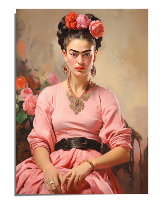 A refined portrait of Frida Kahlo wearing a soft pink gown with a dark waist belt, statement jewelry, and a floral crown in shades of pink and coral. She sits gracefully with her hands resting on her lap, gazing intently. The warm-toned background features delicate roses, complementing the elegant and classic aesthetic.