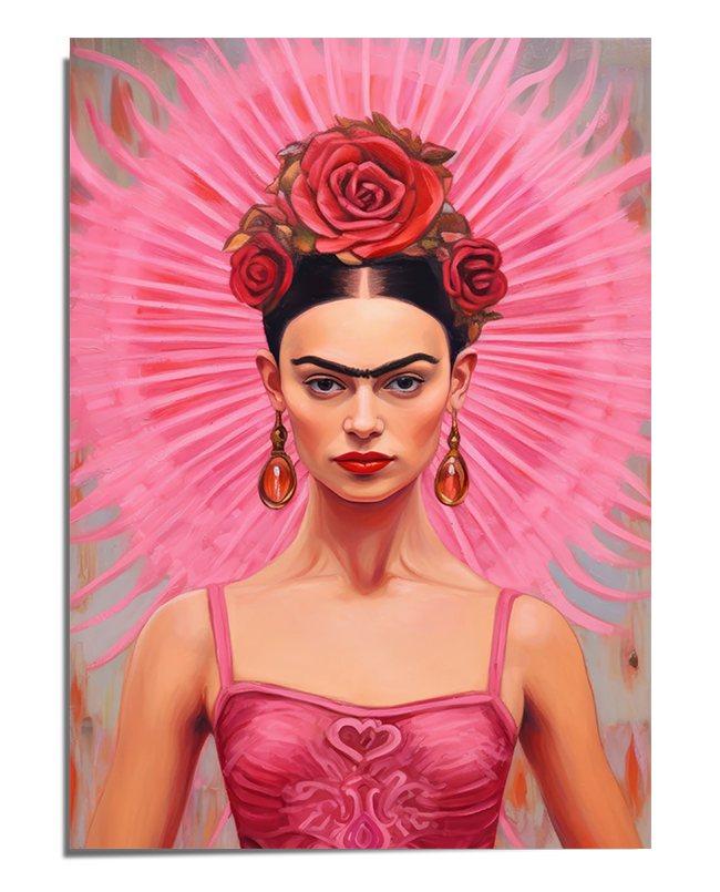 A striking portrait of Frida Kahlo wearing a pink embroidered dress, a floral crown of red roses, and gold earrings. Her intense gaze is framed by a radiant pink halo, giving her an ethereal and powerful presence. The background blends soft pink tones with surrealist brushstrokes.