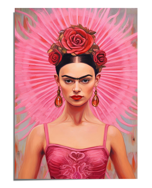 A striking portrait of Frida Kahlo wearing a pink embroidered dress, a floral crown of red roses, and gold earrings. Her intense gaze is framed by a radiant pink halo, giving her an ethereal and powerful presence. The background blends soft pink tones with surrealist brushstrokes.