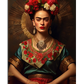 A highly detailed and regal portrait of Frida Kahlo, dressed in traditional Mexican clothing with rich embroidery and gold accents. She wears a bold floral headpiece in red, pink, and white, complementing her dark, braided hair. Her intense gaze and red lips add to her commanding presence. Large gold earrings and an ornate silver necklace adorn her, enhancing her majestic and elegant aesthetic