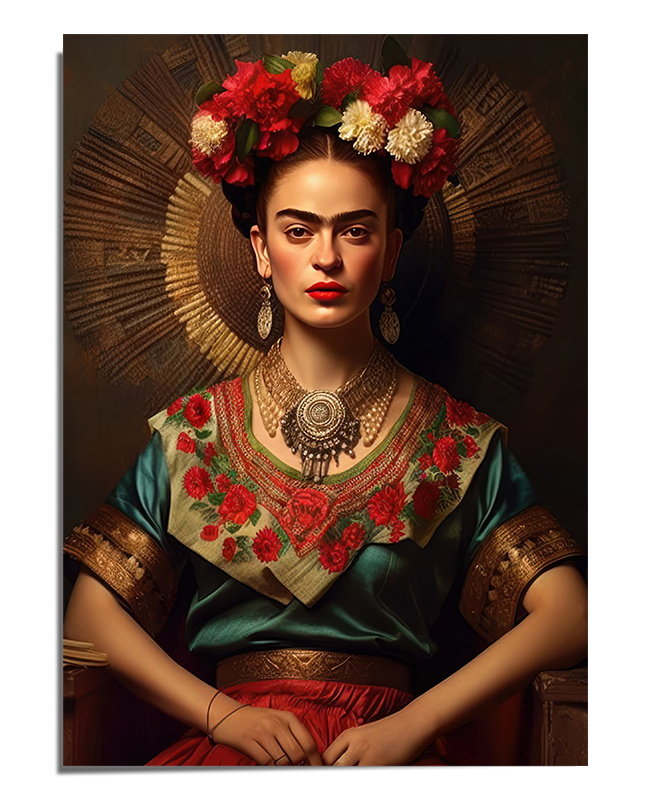 A highly detailed and regal portrait of Frida Kahlo, dressed in traditional Mexican clothing with rich embroidery and gold accents. She wears a bold floral headpiece in red, pink, and white, complementing her dark, braided hair. Her intense gaze and red lips add to her commanding presence. Large gold earrings and an ornate silver necklace adorn her, enhancing her majestic and elegant aesthetic