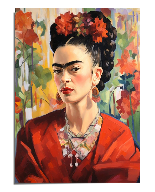 A bold and colorful portrait of Frida Kahlo wearing a deep red shawl over a floral blouse, with her dark braided hair decorated with bright red flowers. She gazes forward with intensity, her face softly framed by rosy cheeks and red lips. The background is a vivid blend of abstract flowers in warm tones of yellow, orange, and green, enhancing the vibrancy of the composition. Her layered necklaces and statement earrings add elegance to her striking appearance.