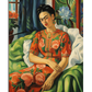 A detailed portrait of Frida Kahlo reclining on a bed of green pillows, dressed in a red embroidered dress with floral designs. Her dark hair is pulled back, and she wears large golden earrings. She rests one arm on her lap while gazing thoughtfully forward. Behind her, a window framed by green curtains lets in natural light, illuminating a view of lush plants and vibrant flowers. The composition conveys a sense of elegance, introspection, and artistic depth.